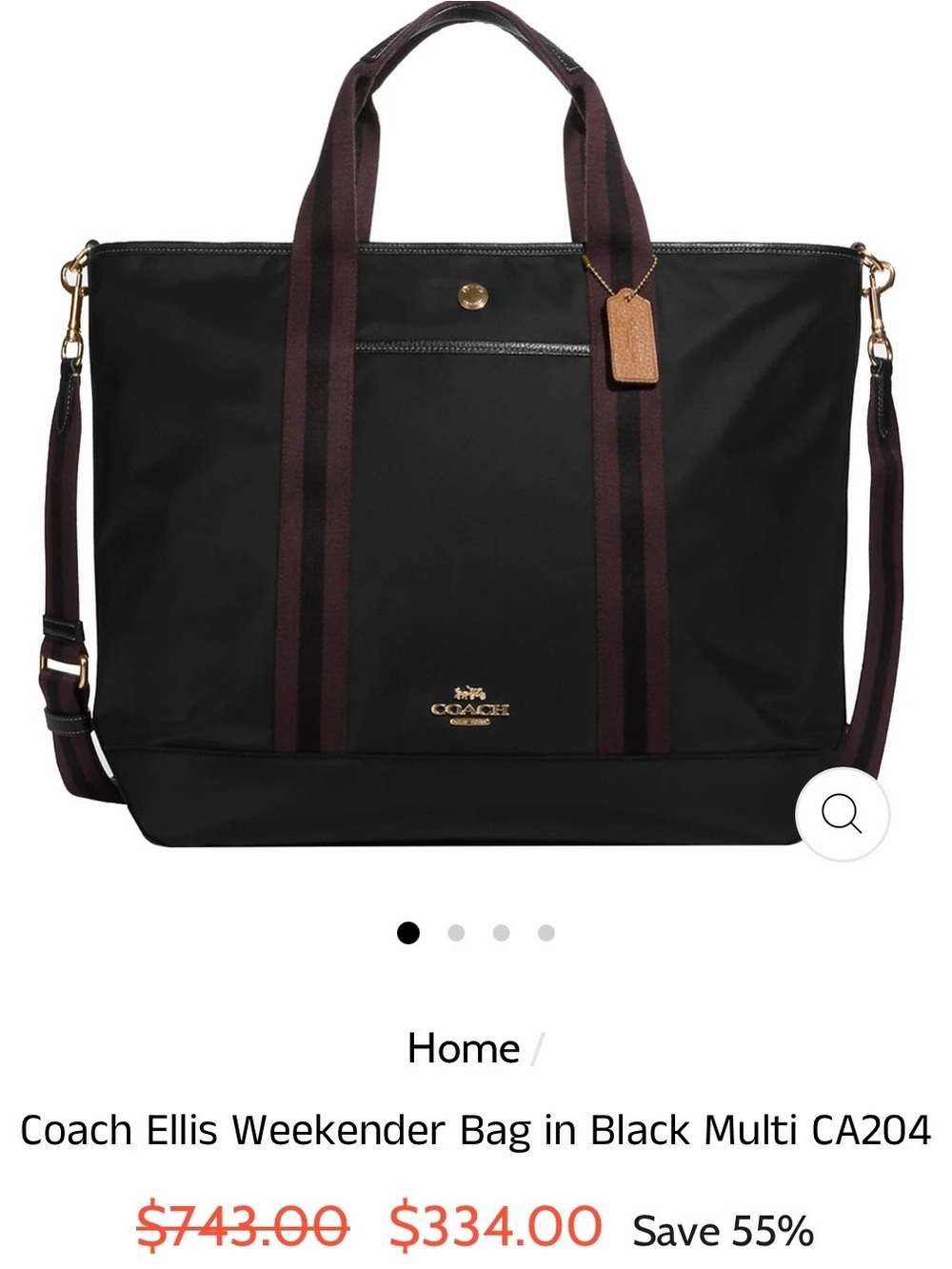 Coach Black Duffel with Burgundy-Strap Accents